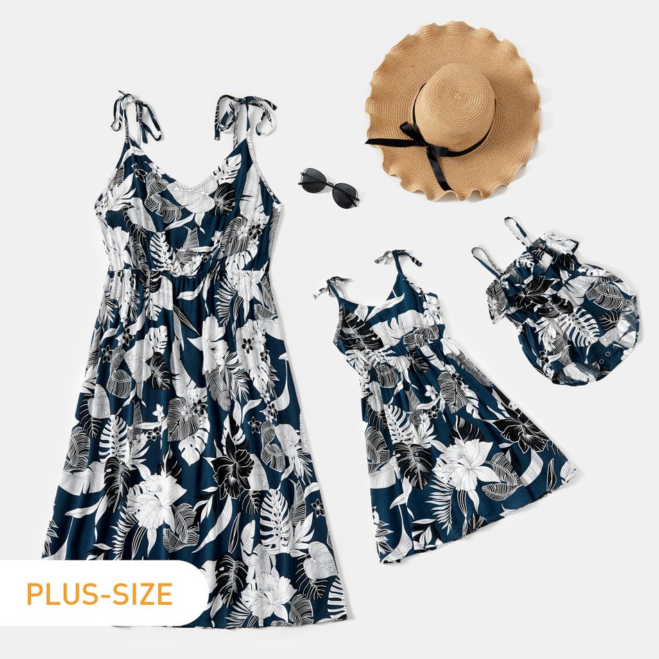 Floral Print Sleeveless Matching Navy Blue Midi Sling Plus Size Dresses Dark Blue