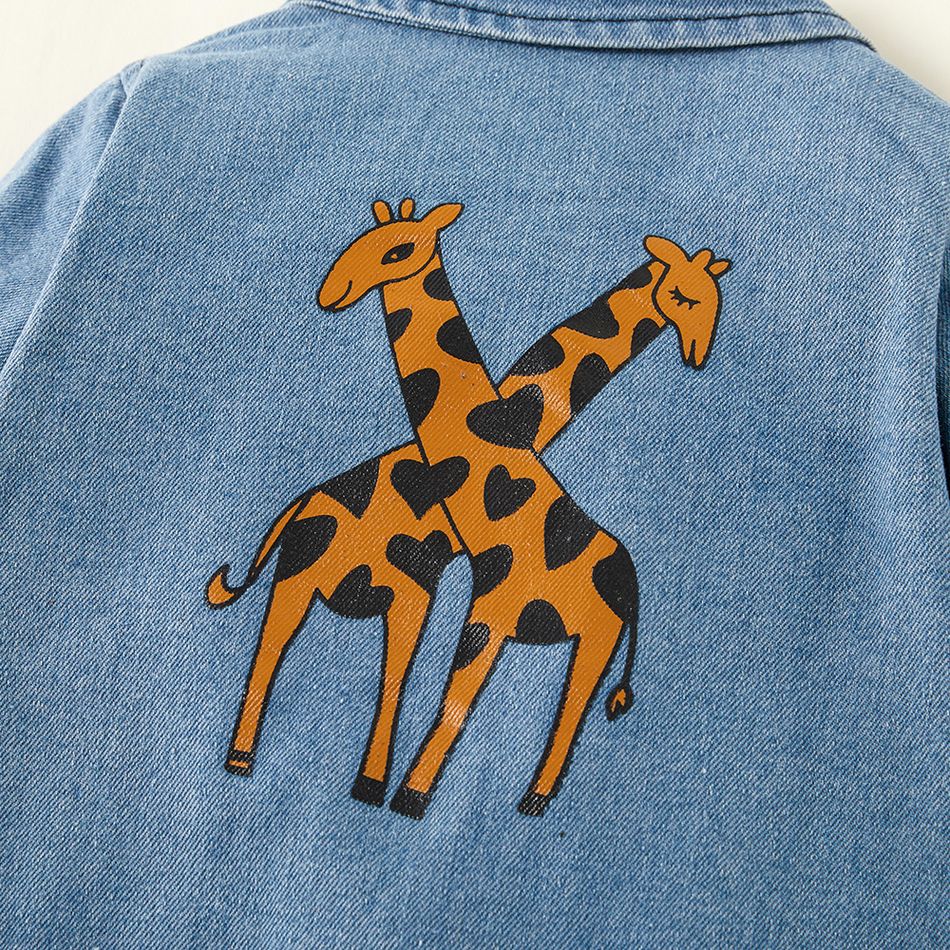 Denim Giraffe Print Polo Collar Long-sleeve Baby Jumpsuit Light Blue big image 2