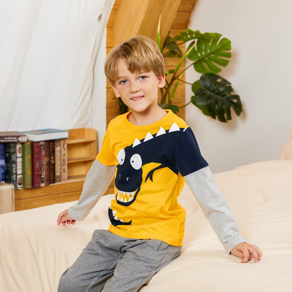 Kid Boy 100% Cotton Animal Dinosaur Print Colorblock Breathable Long-sleeve Tee Orange big image 7