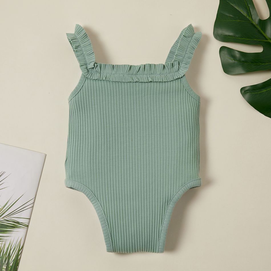 Ribbed Solid Sleeveless Baby Romper Green big image 5
