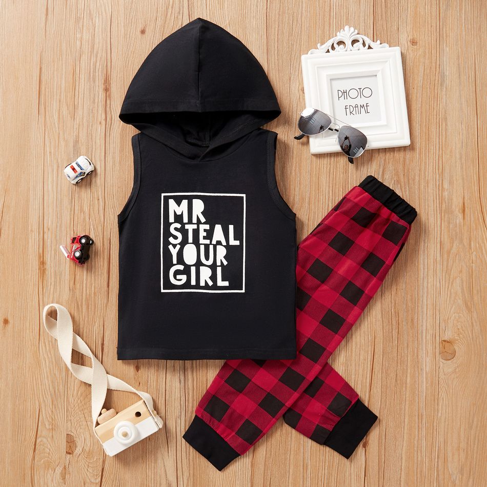 2-piece Baby / Toddler Trendy Sporty Letter Sleeveless Hoodies and Plaid Pants Set Black