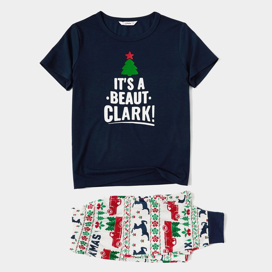 Christmas Letter Short-sleeve Top and Reindeer Pants Family Matching Pajamas Sets (Flame Resistant) Dark Blue big image 5