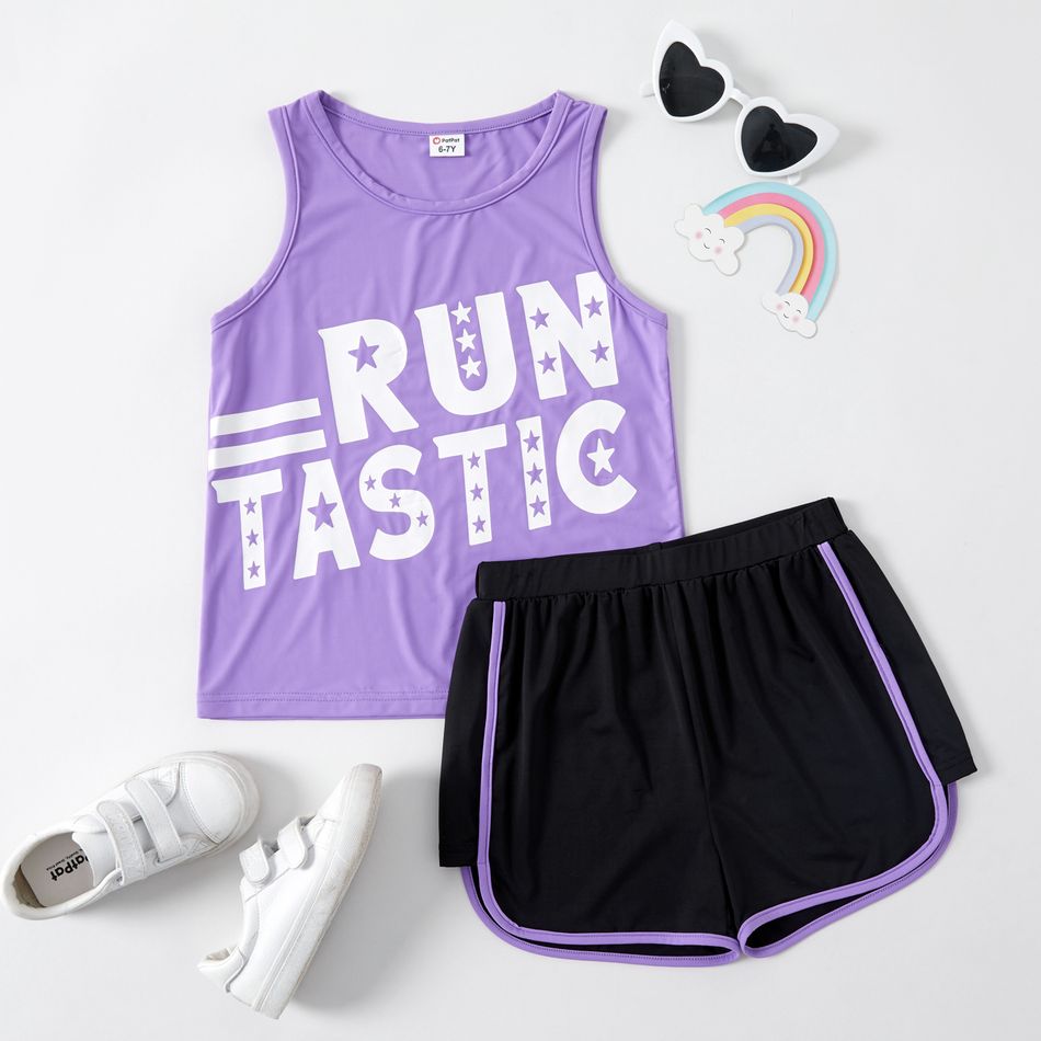 2-piece Toddler Boy Letter Print Tank Top and Dolphin Shorts Sporty Set Purple