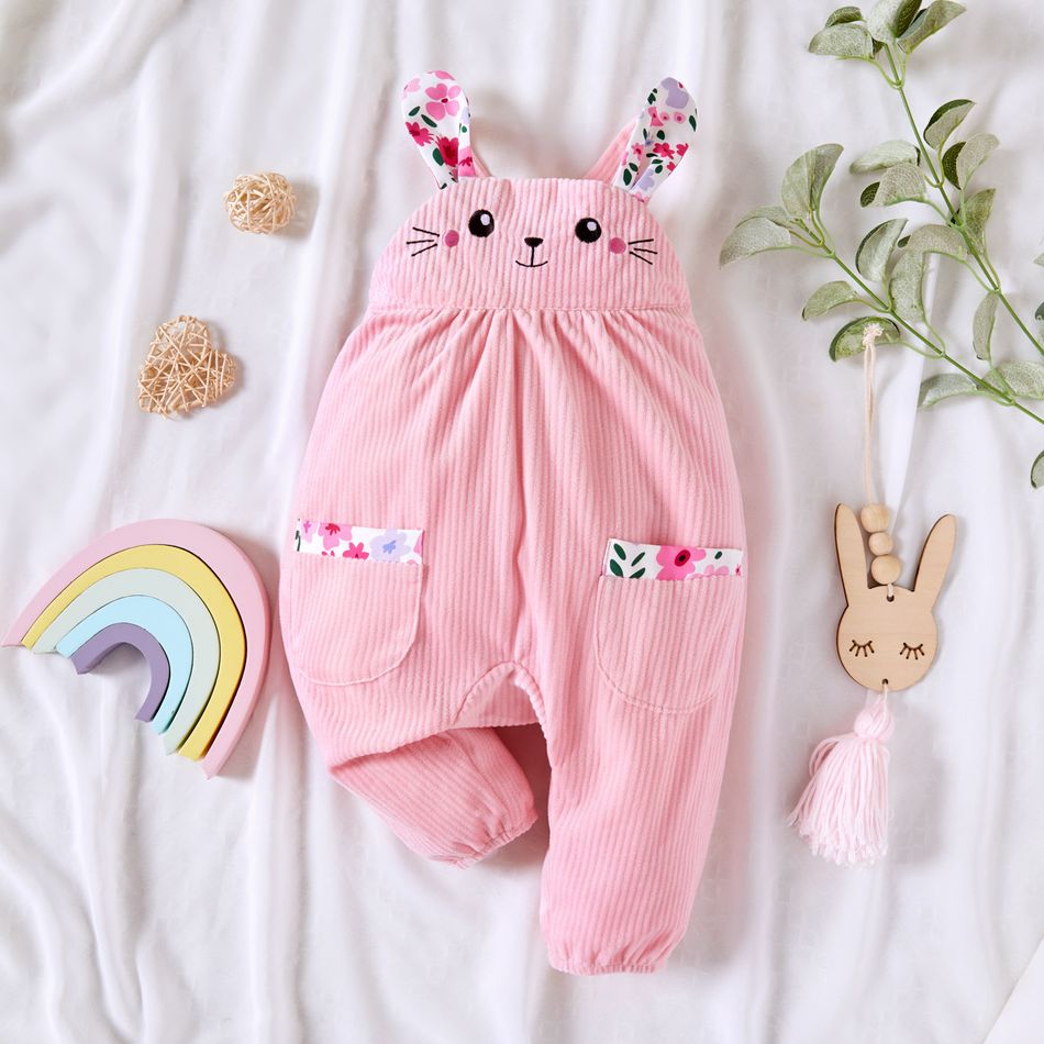Baby Girl Pink Corduroy Rabbit Floral Print Suspender Jumpsuits Pink big image 1