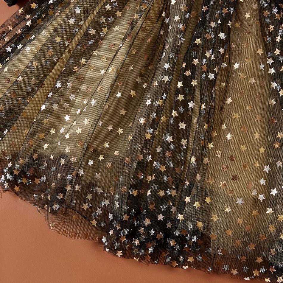1-piece Toddler Girl Star Glitter Design Mesh Splice Dress/ Elasticized Leggings Black big image 5