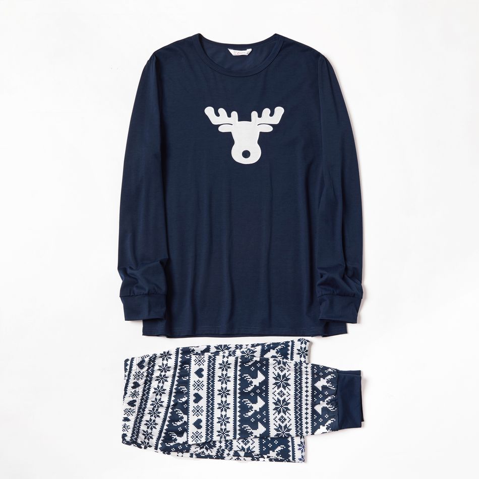 Family Matching Reindeer Print Christmas Pajamas Sets (Flame Resistant) Dark Blue big image 5