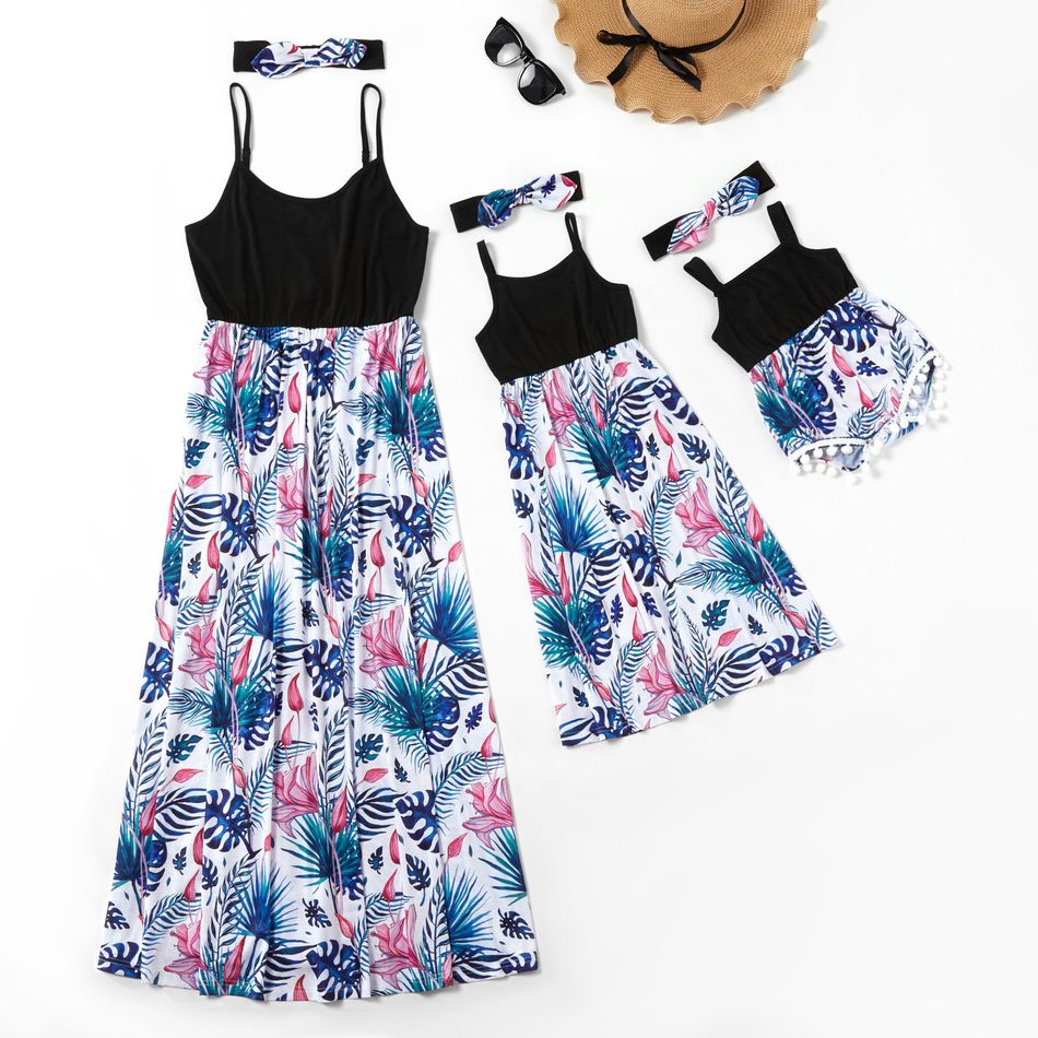 Mommy and Me Plant Print Stitching Solid Tank Dresses Dark Blue