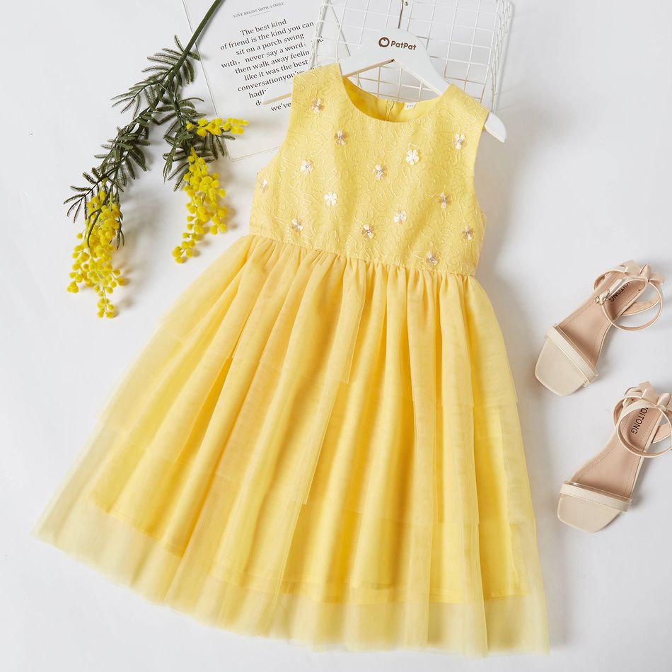 Pretty Kid Girl Floral Print Mesh Sleeveless Party Dress Yellow