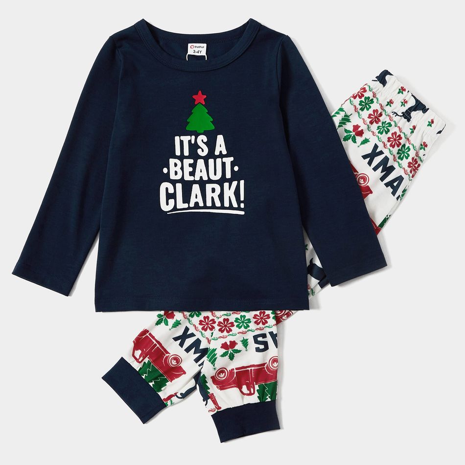 Christmas Letter Short-sleeve Top and Reindeer Pants Family Matching Pajamas Sets (Flame Resistant) Dark Blue big image 3