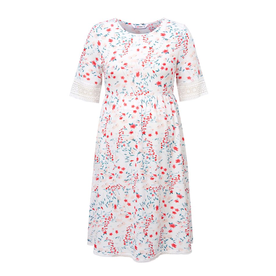 Maternity Bohemia Floral Print Round collar H Short-sleeve Dress White