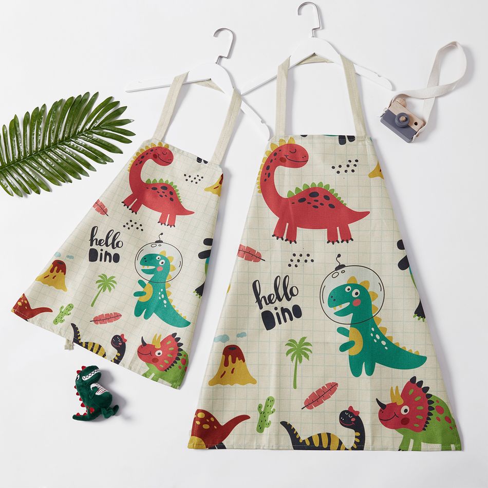 Cute Dinosaur Print Linen Aprons for Mommy and Me Color block big image 2