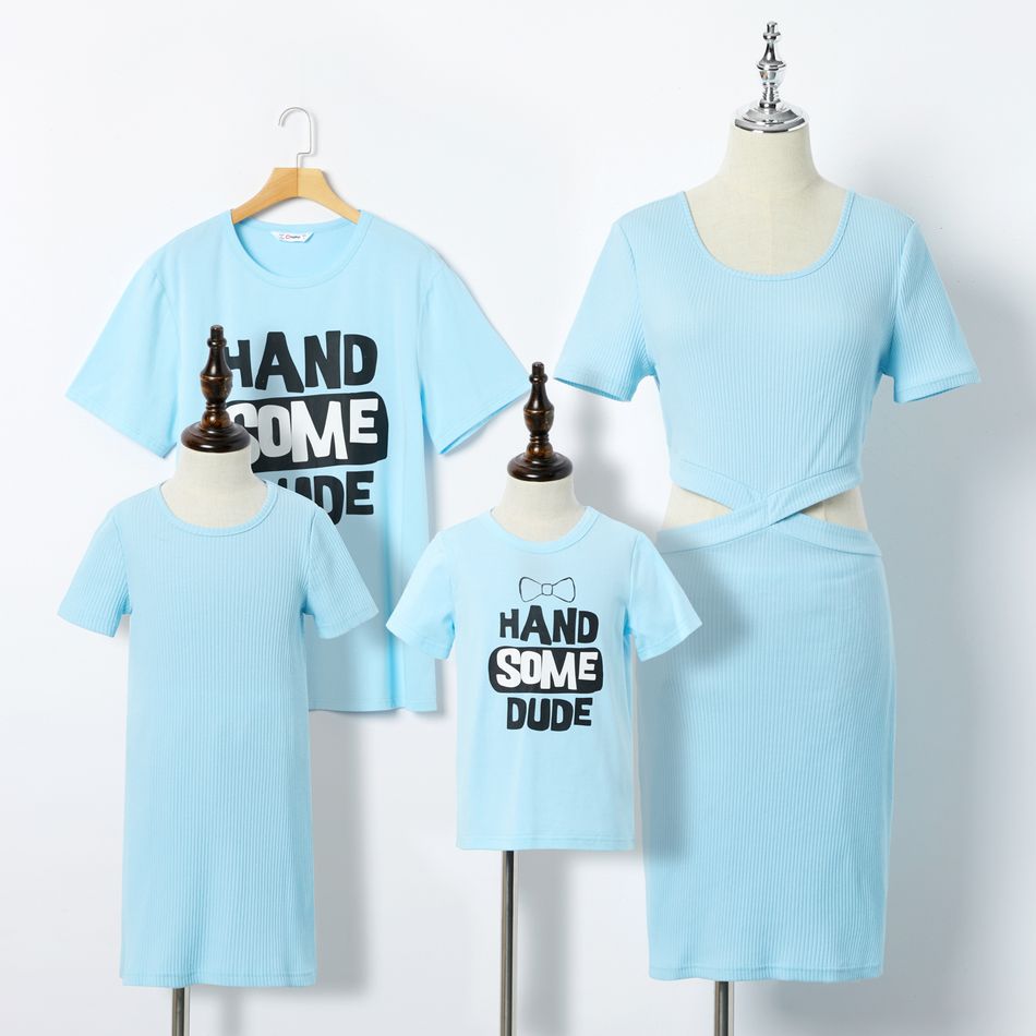 Solid or Letter Print Family Matching Blue Sets Sky blue