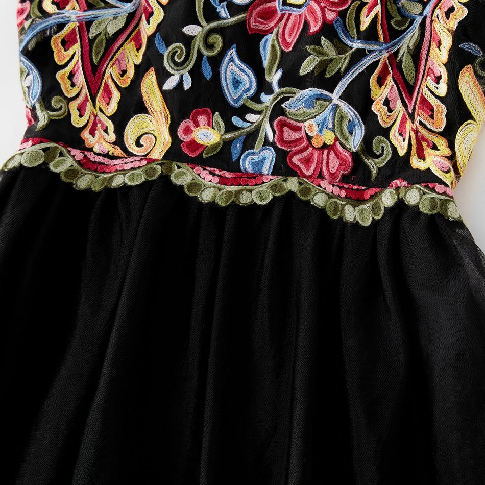Embroidered Floral Print Family Matching Black/Red Sets Black big image 5