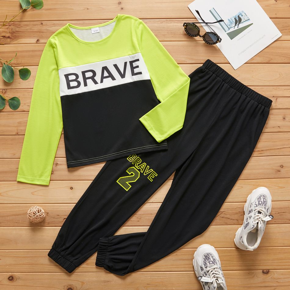 2-piece Kid Boy Letter Print Colorblock Long-sleeve T-shirt and Letter Number Print Elasticized Pants Set Multi-color
