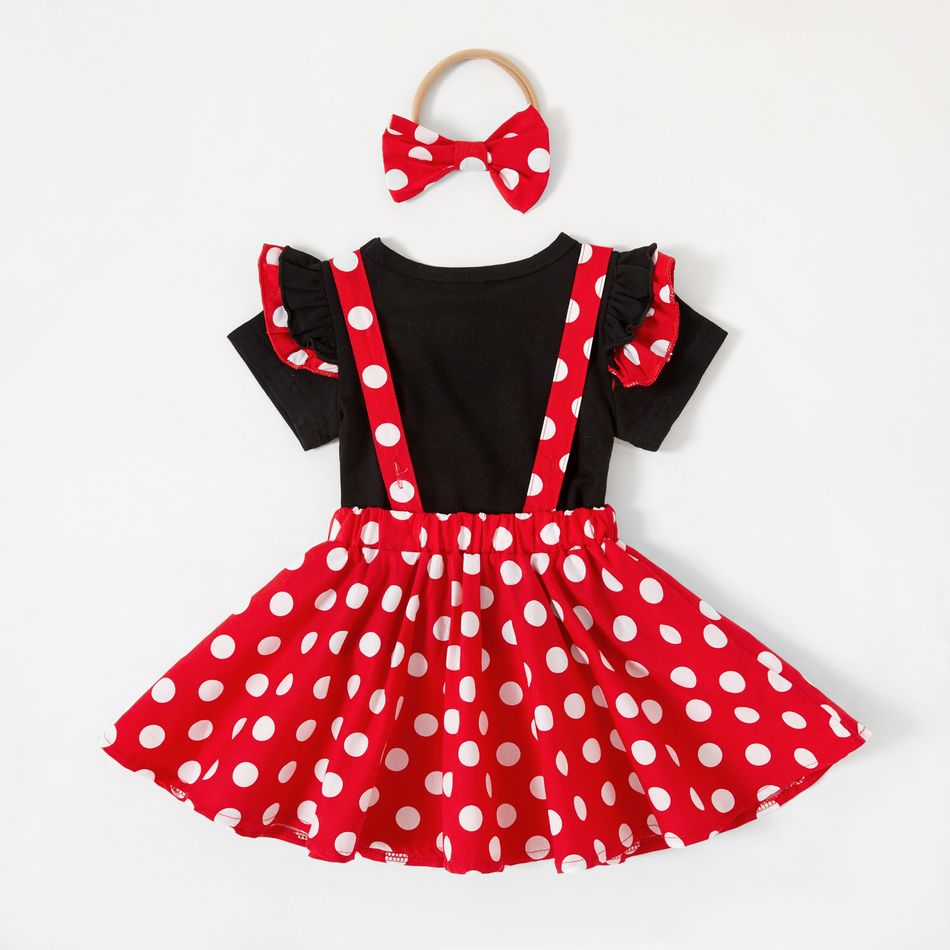 3pcs Baby Girl 95% Cotton Ruffle Short-sleeve Top and Polka Dots Bowknot Suspender Skirt with Headband Set Black/White/Red big image 2