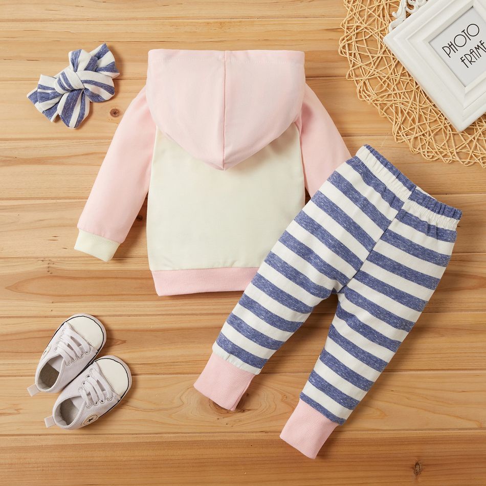 3pcs Striped Color Blocked Hooded Long-sleeve Baby Set Pink big image 5