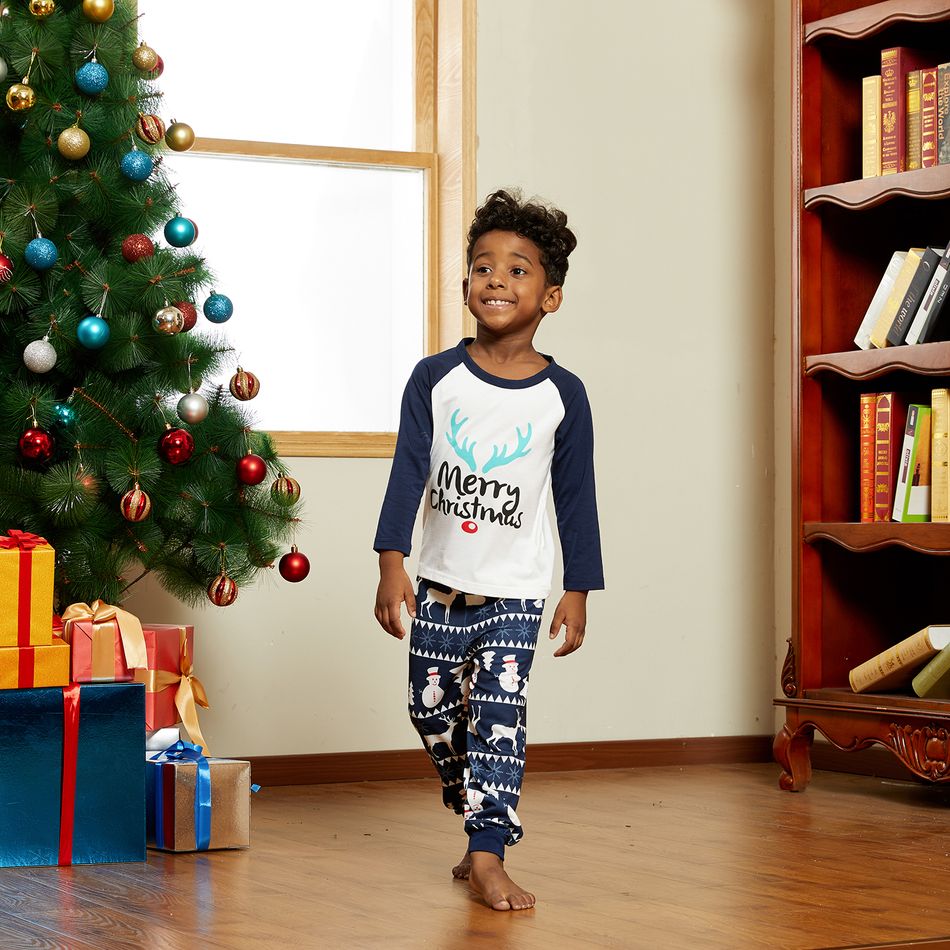 Christmas Antler Letter Top and Snowman Reindeer Print Pants Family Matching Pajamas Sets (Flame Resistant) Dark Blue big image 15