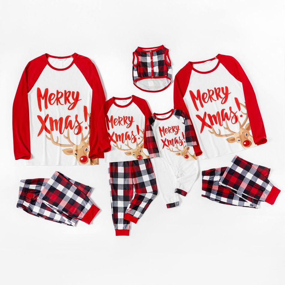 Mosaic Christmas Merry Xmas and Reindeer Print Plaid Family Matching Pajamas Sets (Flame Resistant) Red