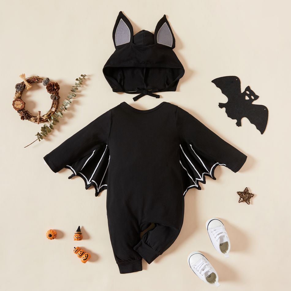 2pcs Letter Pumpkin Print Halloween Bat Design Long-sleeve Black Baby Set Black big image 2