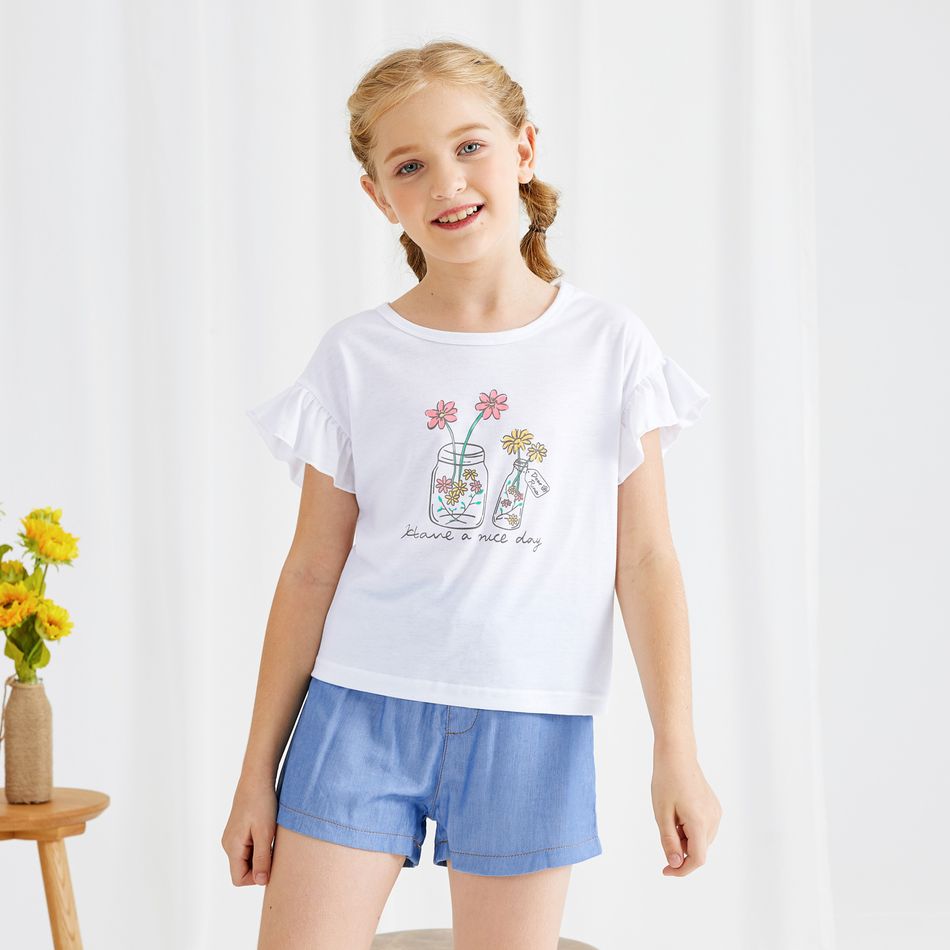 Beautiful Kid Girl Ruffle-sleeve Floral Print Denim Shorts Suits White big image 8