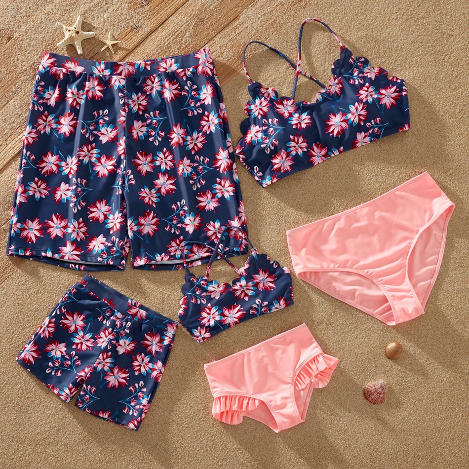 Floral Print Family Matching Swimsuits Dark Pink