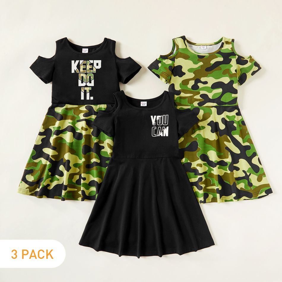 3pcs Kid Girl school Tunic Camouflage Dress Color block