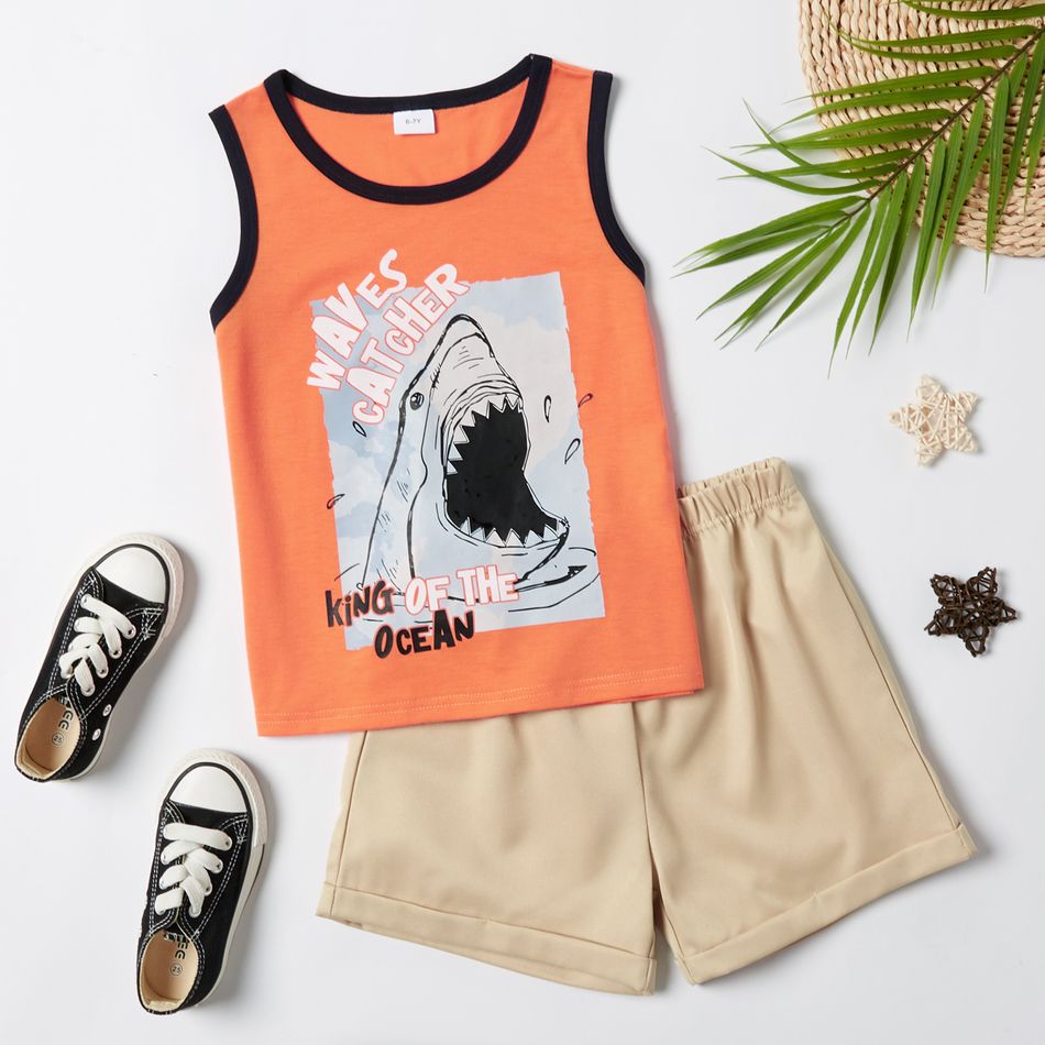 Fashionable Kid Boy 2-piece Sleeveless Shark Letter Print Shorts Suits Coral big image 1