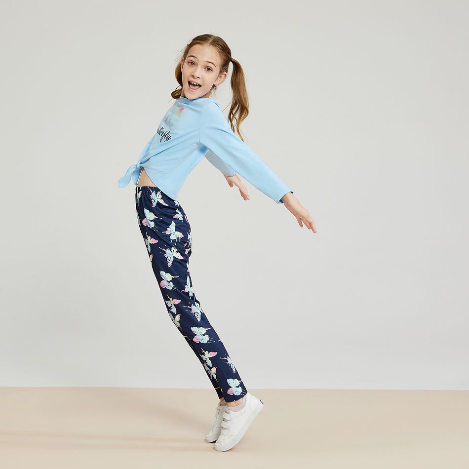 2-piece Kid Girl Butterfly Letter Print Tie Knot Long-sleeve Tee and Leggings Set Blue