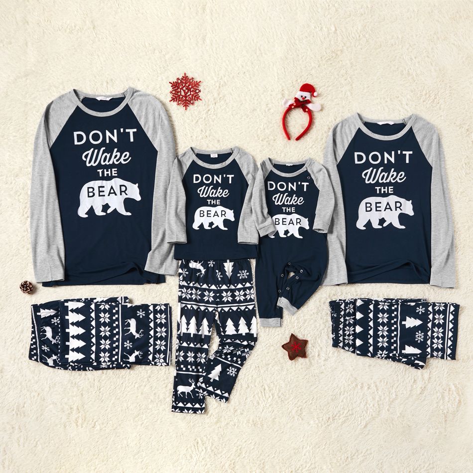 Family Matching Bear Top and Reindeer Christmas Tree Print Pants Pajamas Sets (Flame Resistant) Dark Blue