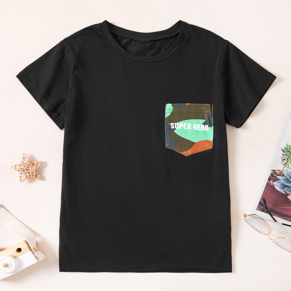 Criança Menino Bolso cosido Camuflado Manga curta T-shirts Preto big image 1