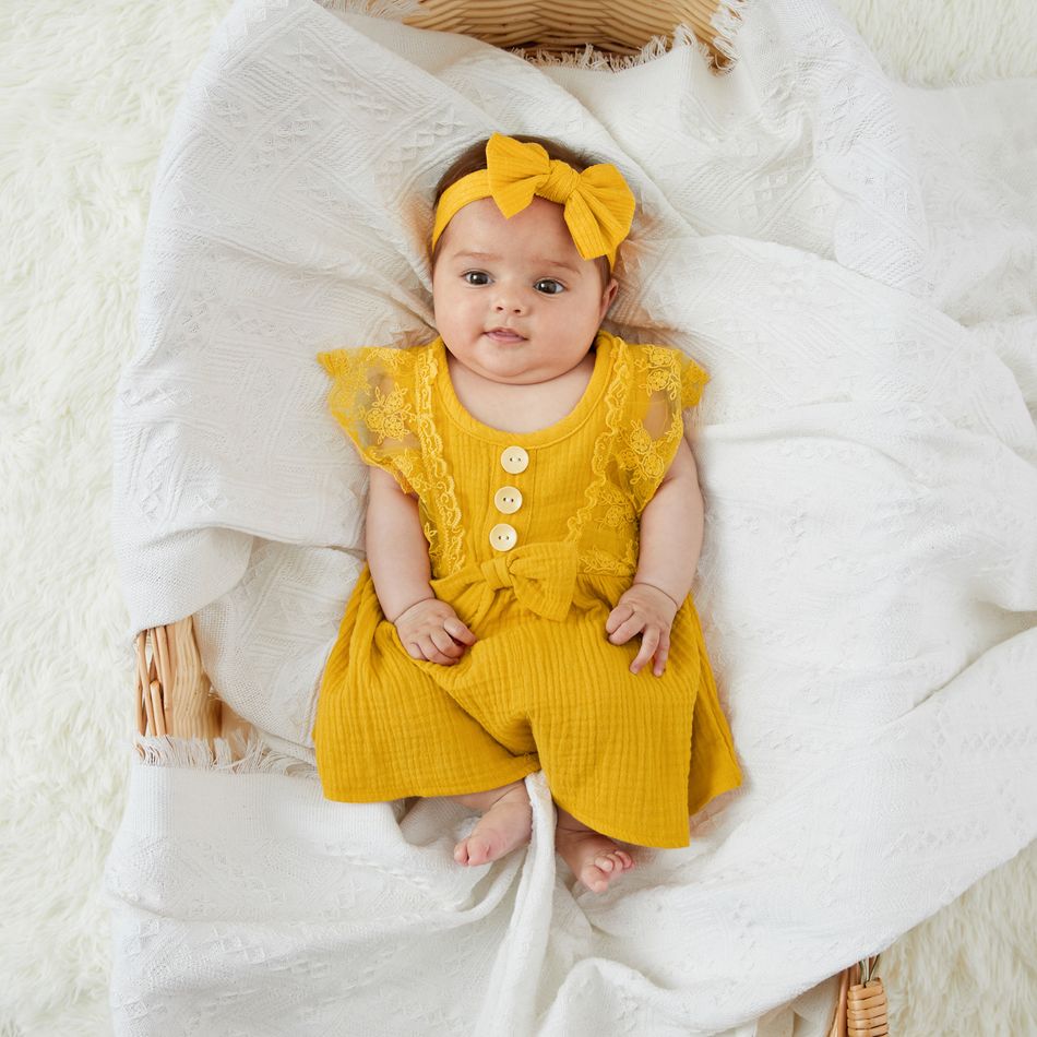 طفلة 95 ٪ قطن كريب بلا أكمام فستان زر BOWKNOT الأصفر big image 5