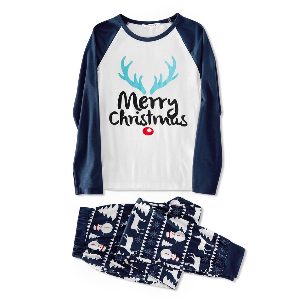 Christmas Antler Letter Top and Snowman Reindeer Print Pants Family Matching Pajamas Sets (Flame Resistant) Dark Blue big image 3