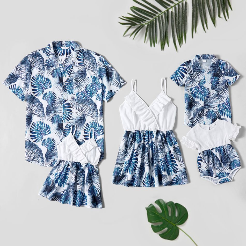 Leaves Print Family Matching Tops(Cami Tops for Mom and Girl ; Short Sleeve Front Buttons Shirts for Dad and Boy) Color block