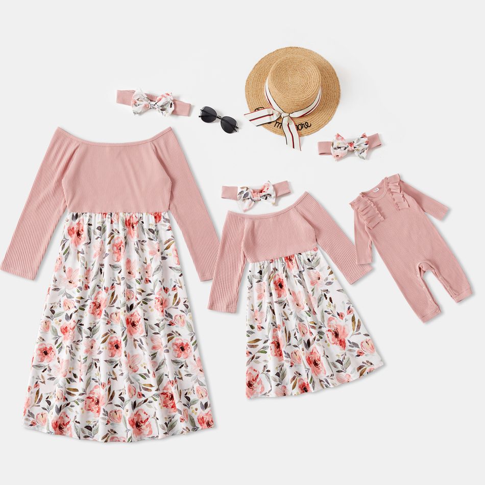 Cotton Floral Print Off Shoulder Ribbed Long-sleeve Midi Dress for Mom and Me Pink