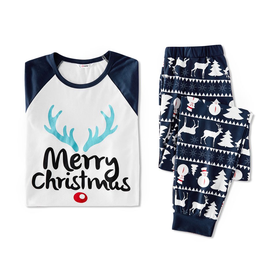 Christmas Antler Letter Top and Snowman Reindeer Print Pants Family Matching Pajamas Sets (Flame Resistant) Dark Blue big image 4