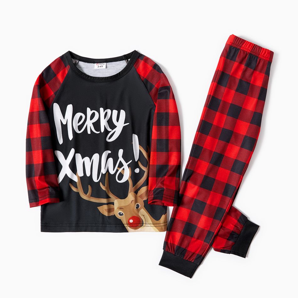 Mosaic Family Matching ' Merry Xmas ' Reindeer Print Plaid Christmas Pajamas Sets（Flame Resistant） Black big image 2
