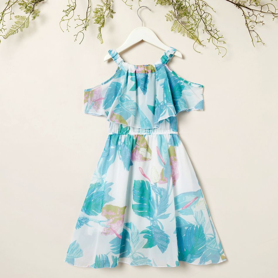 Kids Girl Floral Allover Print Ruffle Collar Dress Turquoise