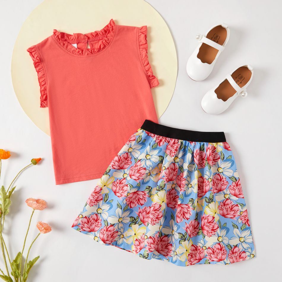 Pretty Kid Girl Flounced Collar Sleeveless Top Floral Print Skirt 2-piece Set Hot Pink