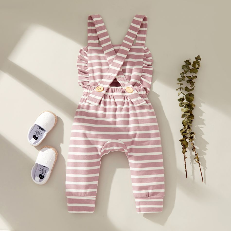 Stripe Print Ruffle Decor Sleeveless Baby Jumpsuit Rosy big image 6