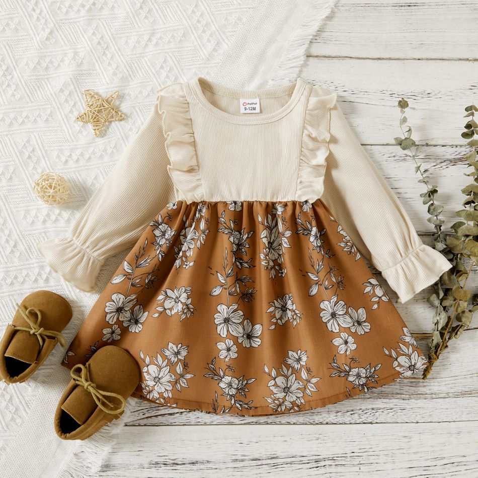 Baby Girl Flounced Long Ruffle-sleeve Floral Print Splice Dress Apricot