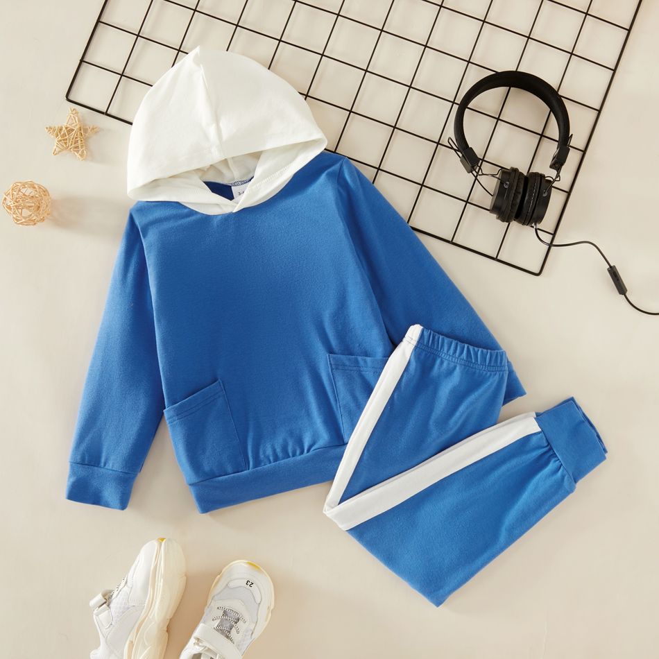 2-piece Toddler Boy Hoodies with Pocket and Colorblock Pants Set Blue big image 1