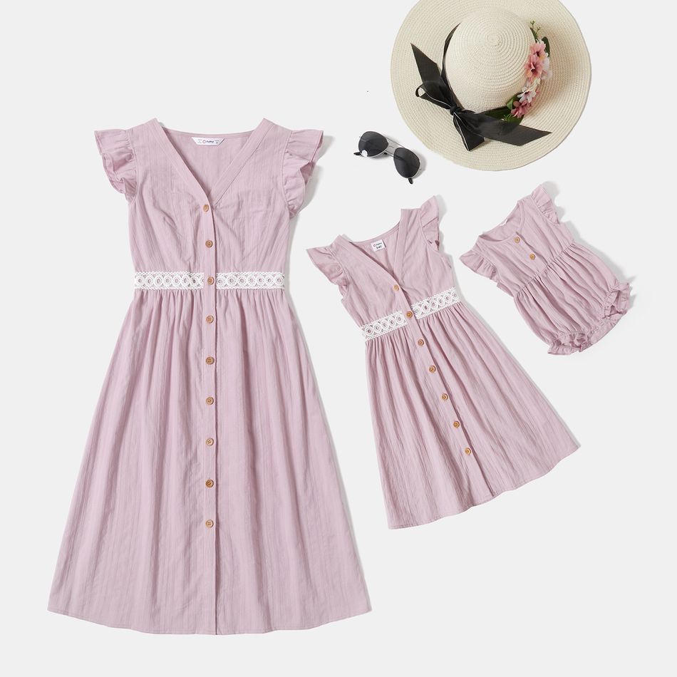 100% Cotton Solid Color Flutter-sleeve Matching Midi Dresses Pink