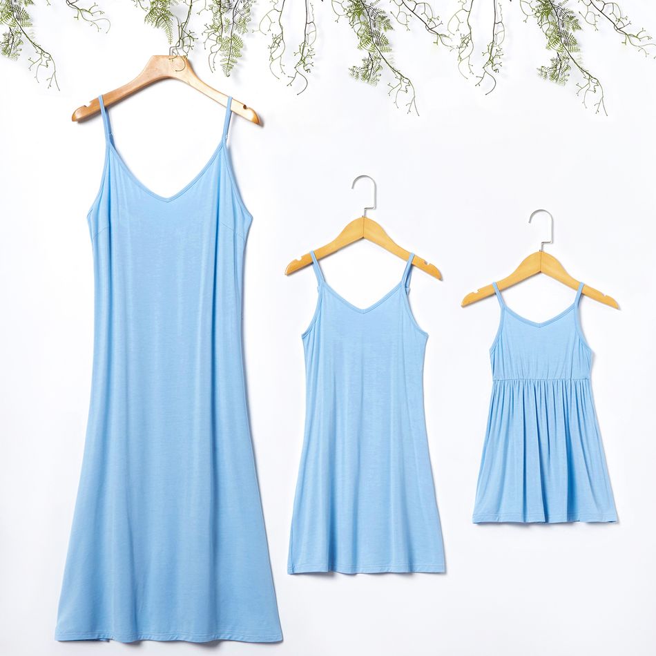 Solid Sleeveless Matching Blue Midi Sling Dresses Blue