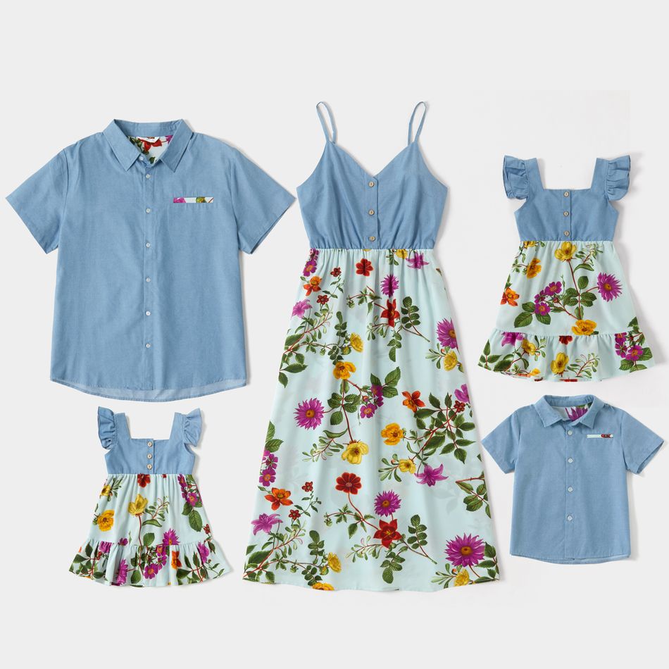 Denim Floral Print Family Matching Sets(Sling Dresses for Mom and Girl ; Short Sleeve Front Button Shirts for Dad and Boy) Color block