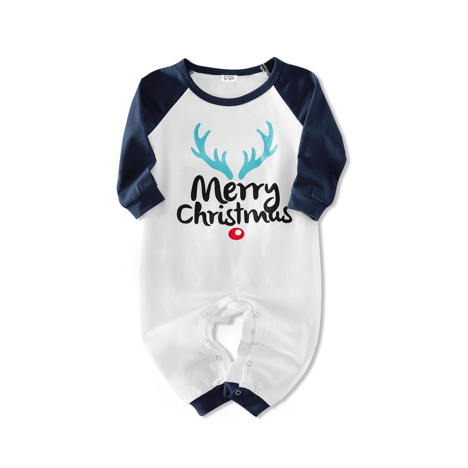 Christmas Antler Letter Top and Snowman Reindeer Print Pants Family Matching Pajamas Sets (Flame Resistant) Dark Blue big image 6