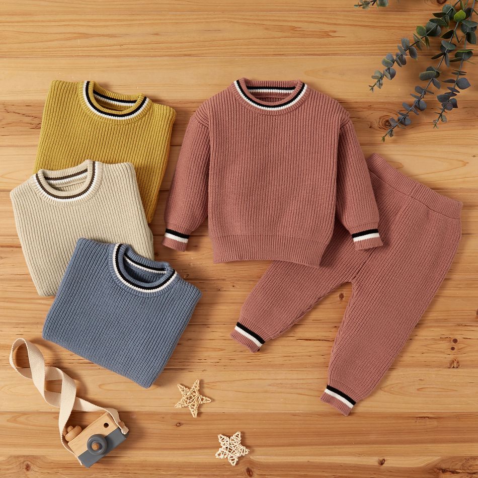 100% Cotton 2pcs Solid Stripe Decor Knitted Long-sleeve Baby Set Apricot big image 3