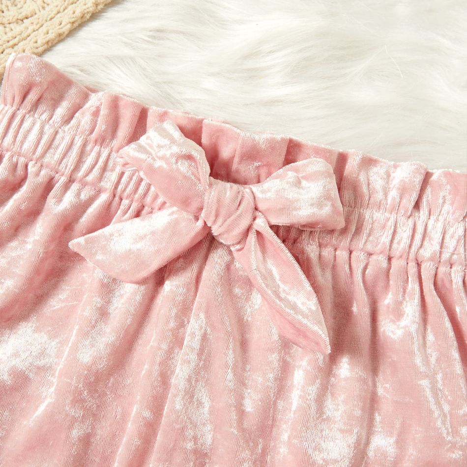 2-piece Toddler Girl One Shoulder Ruffled Strap Top and Bowknot Decor Elasticized Shorts Velvet Set Pink big image 6