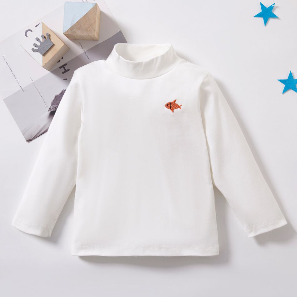 Baby / Toddler Causal Embroidered Solid Hight Neck Long-sleeve Tee White big image 1