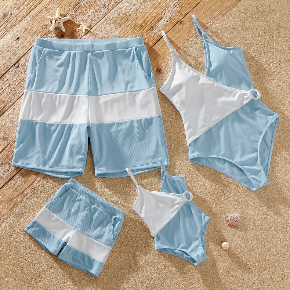 Color Block Family Matching Swimsuits Light Blue