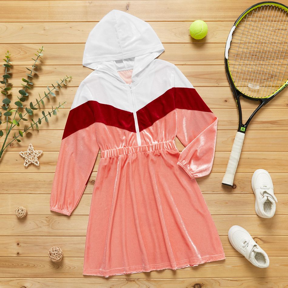Kid Girl Colorblock Long-sleeve Zipper Hooded Velvet Dress Red/White